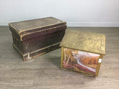 Lot 146 - A BRASS EMBOSSED COAL BOX AND A VINTAGE CHEST CONTAINING NEWSPAPER CLIPPINGS