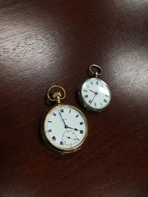 Lot 224 - A GOLD PLATED POCKET WATCH AND A SILVER POCKET WATCH