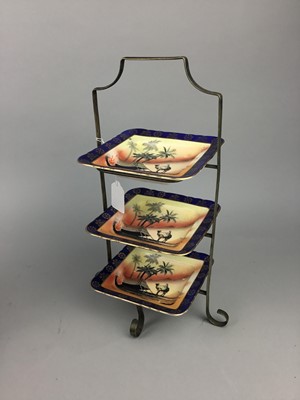 Lot 274 - A PLATED THREE TIER CAKE STAND AND A ROYAL DOULTON  CHARACTER JUG