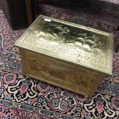 Lot 278 - A BRASS COAL BOX, OAK CASKET, FIGURES AND OTHER ITEMS