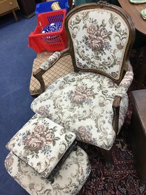 Lot 326 - A FRENCH STYLE ARMCHAIR AND TWO STOOLS