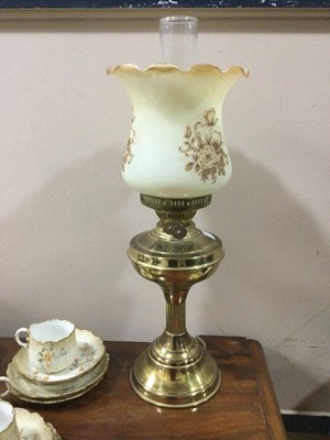 Lot 331 - A BRASS OIL LAMP WITH OPAQUE GLASS SHADE