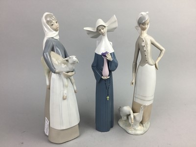 Lot 334 - A LLADRO FIGURE OF A FEMALE AND GEESE AND TWO OTHER FIGURES