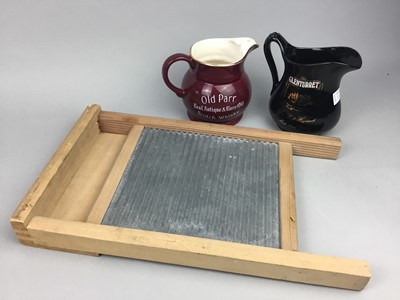 Lot 338 - A VINTAGE WASH BOARD, WHISKY JUGS, GOLF CLUBS AND OTHER ITEMS