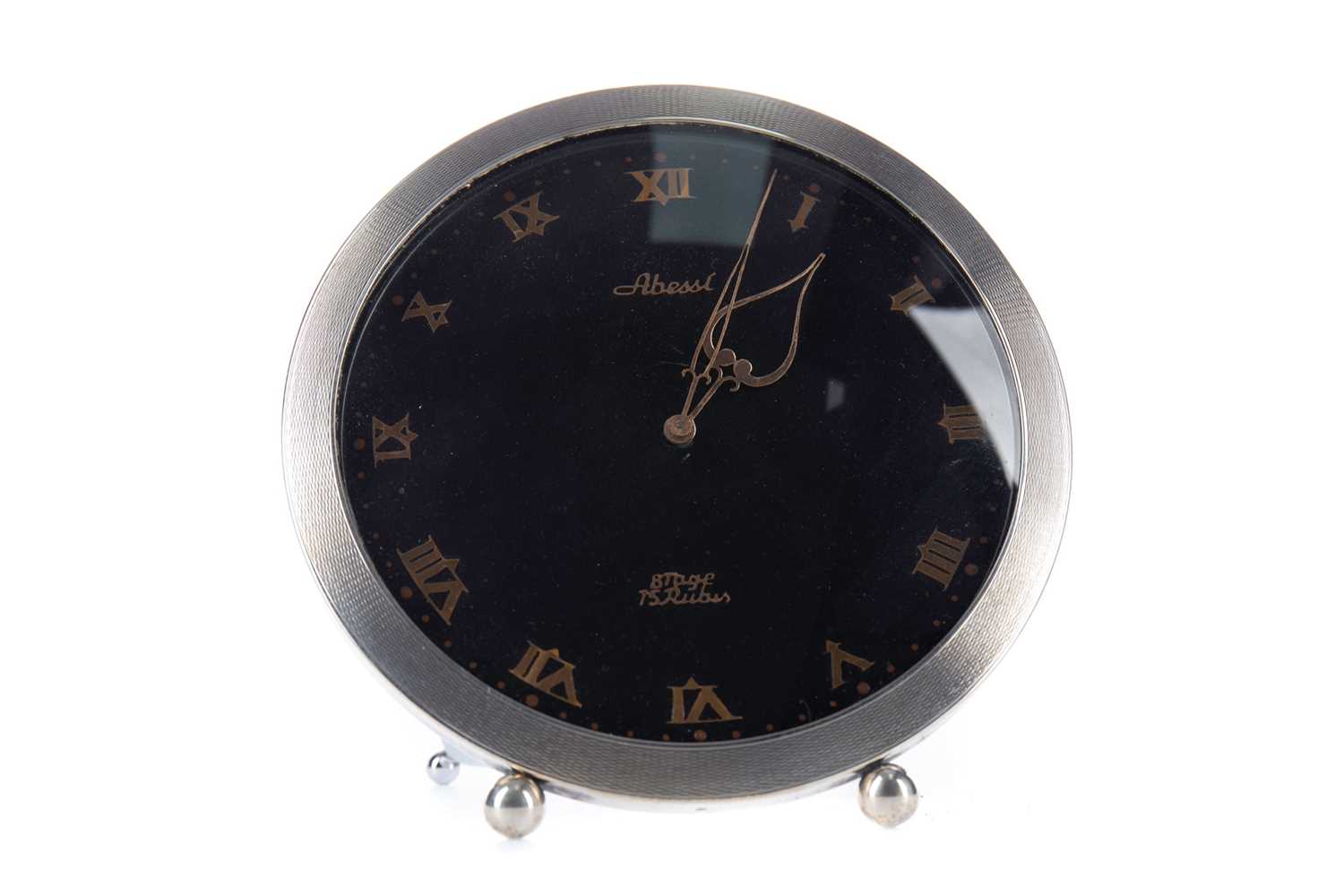 Lot 1116 - AN ABESSI SILVER MANTEL CLOCK IN BOX