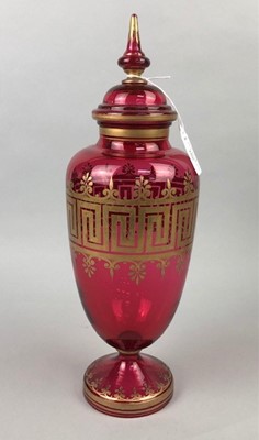 Lot 288 - A VICTORIAN RUBY TINTED GLASS VASE AND COVER