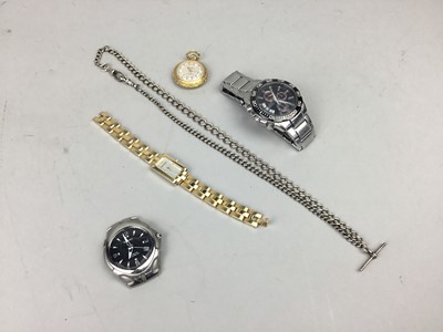 Lot 351 - A LOT OF WRIST WATCHES AND AN ALBERT CHAIN