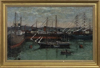 Lot 86 - SHIPS IN GLASGOW HARBOUR, AN OIL BY A FREW