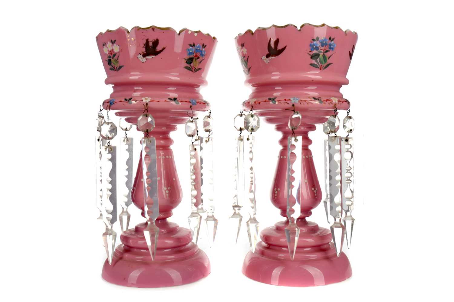 Lot 1063 - A PAIR OF VICTORIAN PINK GLASS LUSTRES