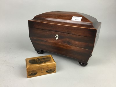 Lot 432 - A 19TH CENTURY MAHOGANY TEA CADDY AND A MAUCHLINE BOX