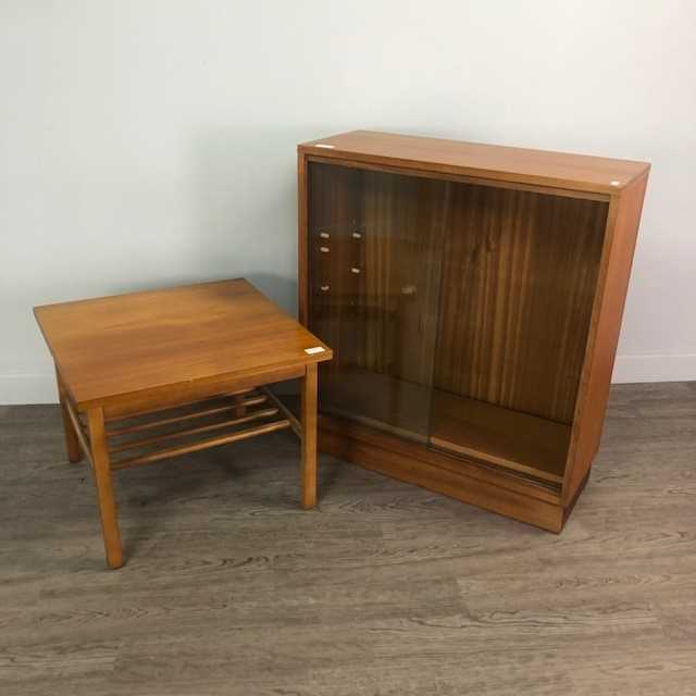 Lot 437 - A TEAK DISPLAY CABINET AND A TEAK OCCASIONAL TABLE