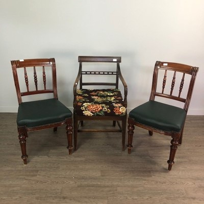 Lot 434 - A LATE GEORGIAN MAHOGANY CARVER CHAIR AND TWO OTHER CHAIRS