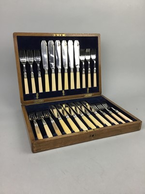 Lot 441 - AN OAK CANTEEN OF SILVER PLATED CUTLERY, WALKING STICK AND A SERVING TRAY