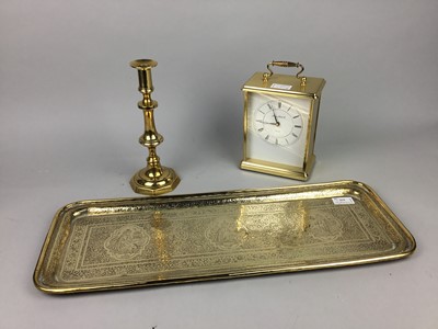 Lot 430 - A BRASS EMBOSSED RECTANGULAR TRAY AND OTHER BRASS WARE