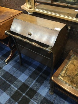 Lot 438 - A MAHOGANY SEWING BOX, A MAHOGANY FOOTSTOOL AND A MUSIC TABLE