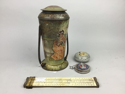 Lot 409 - A VINTAGE TIN ALONG WITH BRASS AND SILVER PLATED ITEMS