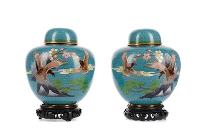Lot 857 - A PAIR OF 20TH CENTURY CHINESE CLOISONNE ENAMEL GINGER JARS WITH COVERS