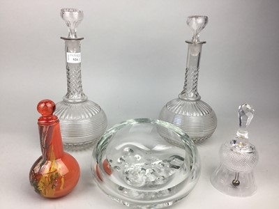 Lot 524 - A PAIR OF GLASS DECANTERS, A GLASS BOWL, BELL AND A COLOURED GLASS BOTTLE WITH STOPPER