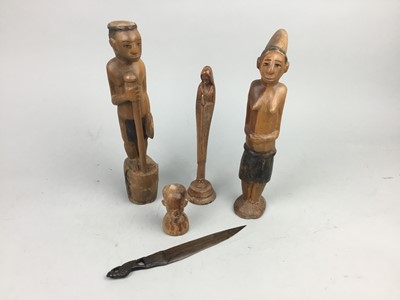 Lot 526 - A LOT OF CARVED WOOD FIGURES AND A WALL MASK