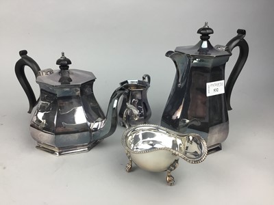 Lot 532 - A SILVER PLATED FOUR PIECE TEA SERVICE, TRAY, CREAM JUG AND CUTLERY