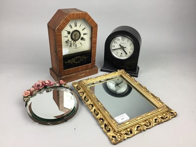 Lot 537 - A GILT FRAMED RECTANGULAR WALL MIRROR, ANOTHER MIRROR AND TWO MANTEL CLOCKS