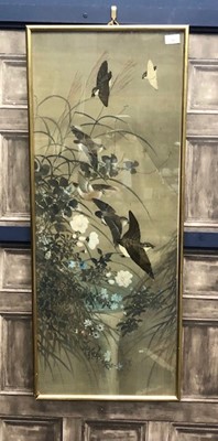 Lot 388 - A CHINESE PAINTED AND EMBROIDERED SILK PANEL