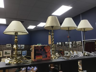 Lot 483 - A LOT OF TWO PAIRS OF TABLE LAMPS AND A CHILD'S SEWING MACHINE