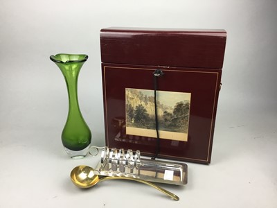 Lot 503 - A TANTALUS, A GREEN GLASS VASE, PLATED TOAST RACK AND A LADLE