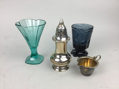 Lot 507 - A PLATED SUGAR CASTER, BOWL, TEA POY AND OTHER OBJECTS