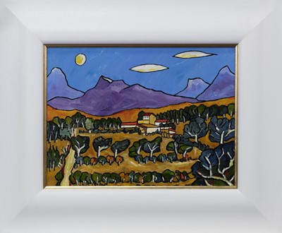 Lot 706 - PYRANNEAN FOOTHILLS, AN OIL BY IAIN CARBY