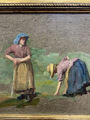Lot 35 - WOMEN AT WORK, AN OIL BY ROBERT GEMMELL HUTCHINSON