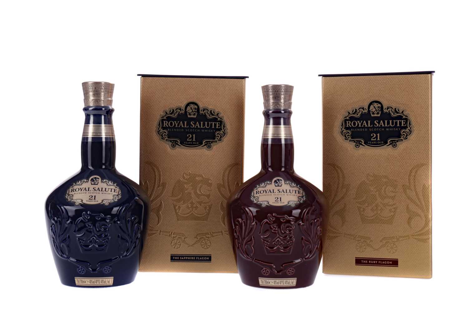 Lot 111 - CHIVAS REGAL ROYAL SALUTE AGED 21 YEARS SAPPHIRE AND RUBY DECANTERS