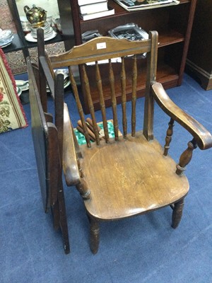 Lot 544 - AN OAK OPEN ELBOW CHAIR, FOLDING TEA TABLE AND TWO TILE TOPPED TABLES