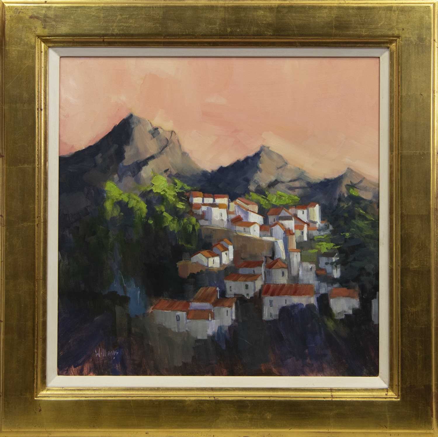 Lot 641 - LAST LIGHT, ANDALUSIAN VILLAGE, AN ACRYLIC BY DOREEN WILLIAMS