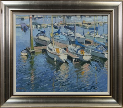 Lot 736 - PONTOON WITH DINGHY, TROON, AN OIL BY DOUGLAS LENNOX