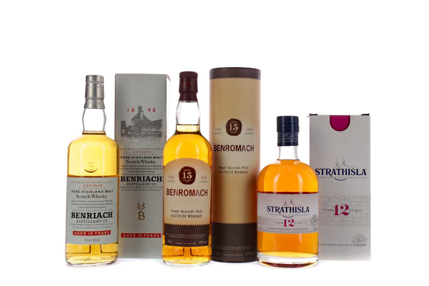 Lot 133 - STRATHISLA 12 YEARS OLD, BENRIACH AGED 10 YEARS AND BENROMACH AGED 15 YEARS
