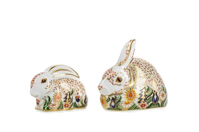 Lot 1035 - ROYAL CROWN DERBY 'ROWSLEY RABBIT' AND 'BABY ROWSLEY RABBIT' PAPERWEIGHTS
