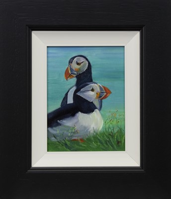 Lot 757 - TWO PUFFINS, AN OIL BY ZHANNA PECHUGINA