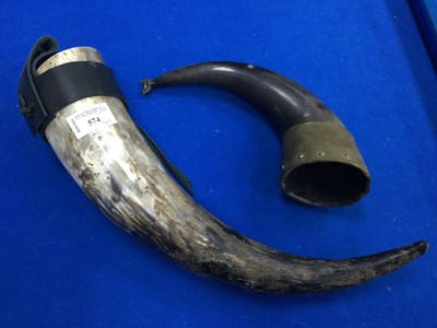 Lot 574 - A LOT OF TWO HORN FLASKS, TWO SHOE HORNS, BOWLS AND OTHER OBJECTS