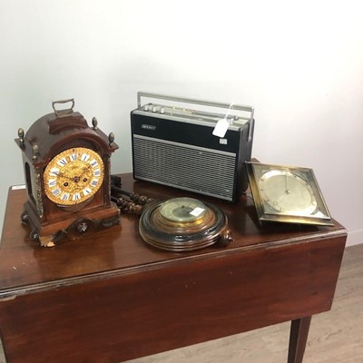 Lot 575 - A MAHOGANY BANJO BAROMETER, TWO CLOCKS AND A RADIO