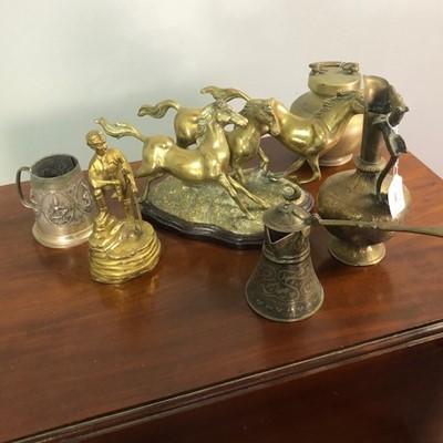 Lot 596 - A BRASS HORSE GROUP, AN EATSERN BRASS POT, EWER AND OTHER METAL WARE