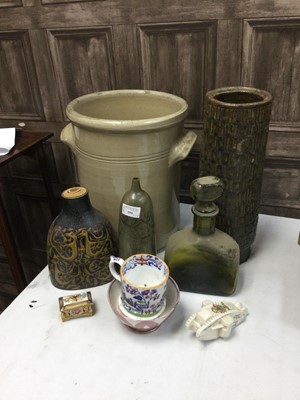 Lot 599 - A GLASS DECANTER, THREE CONTINENTAL POTTERY VASES AND OTHER CERAMICS