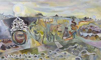 Lot 766 - LANDSCAPE WITH TWO MOONS, AN ACRYLIC BY DAVID COLLEDGE