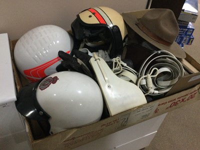 Lot 676 - AN OMK MOTORCYCLE HELMET, OTHER HELMETS AND ACCESSORIES