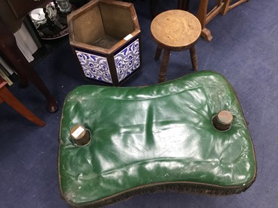 Lot 653 - A CAMEL STOOL, POKERWORK STOOL AND A PLANTER