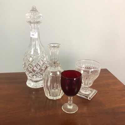 Lot 659 - A GLASS DECANTER, SUNDAE DISHES AND COLOURED GLASS GLASSES