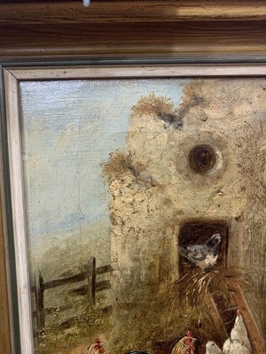 Lot 46 - CHICKENS FEEDING, AN OIL BY R CLAUSER