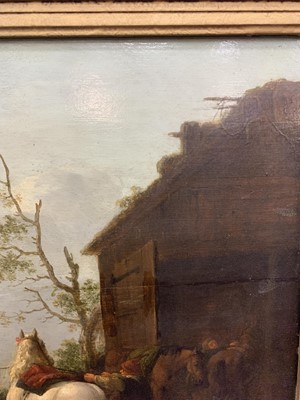 Lot 50 - FIGURES AND HORSES BY A BARN, A 19TH CENTURY OIL