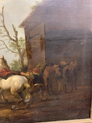 Lot 50 - FIGURES AND HORSES BY A BARN, A 19TH CENTURY OIL