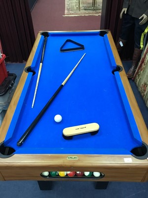 Lot 688 - A RILEY POOL TABLE, BALLS AND THREE CUES